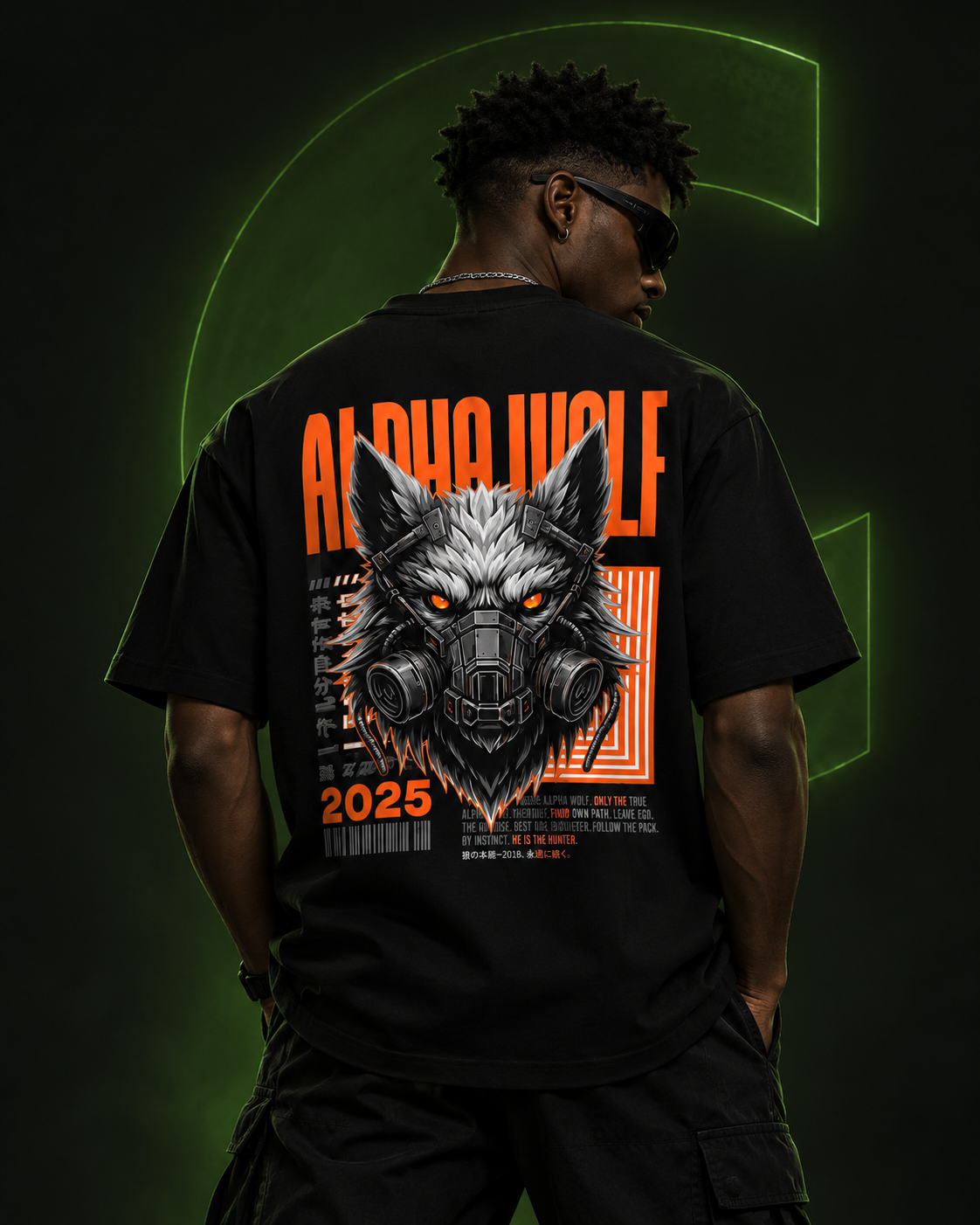 Male model wearing CARA Alpha Wolf T-shirt on a dark elegant background