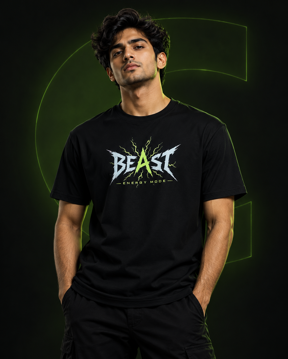 Male model wearing CARA Beast T-shirt on a dark elegant background