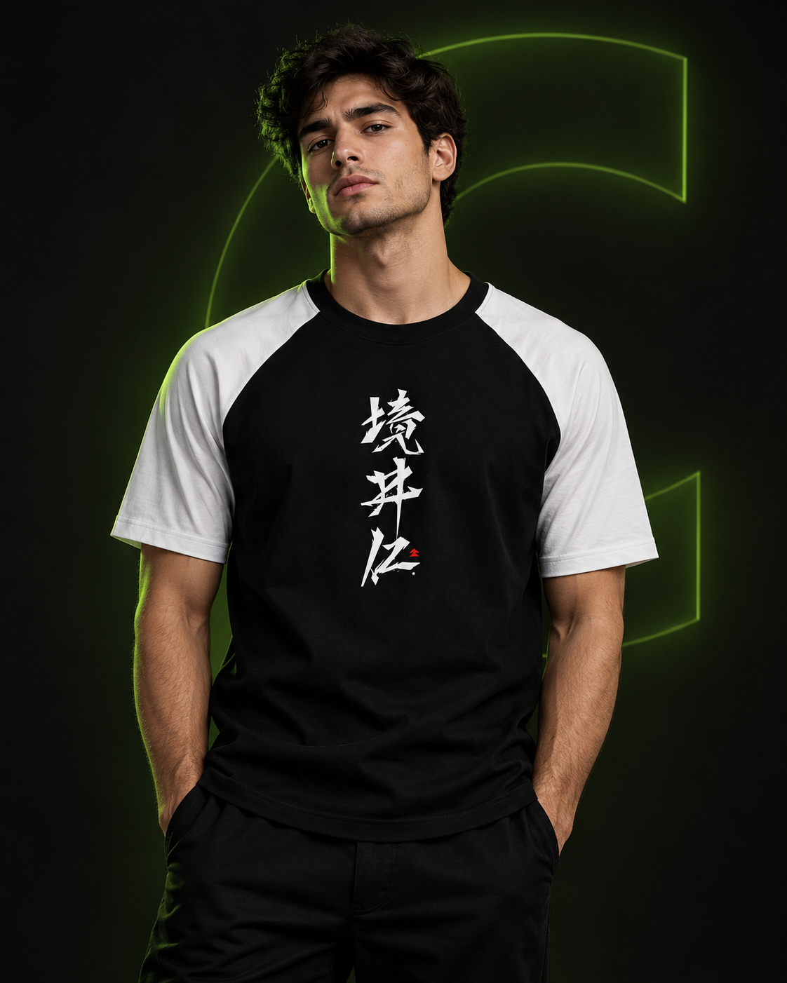 Male model wearing a CARA raglan T-shirt on a dark elegant background