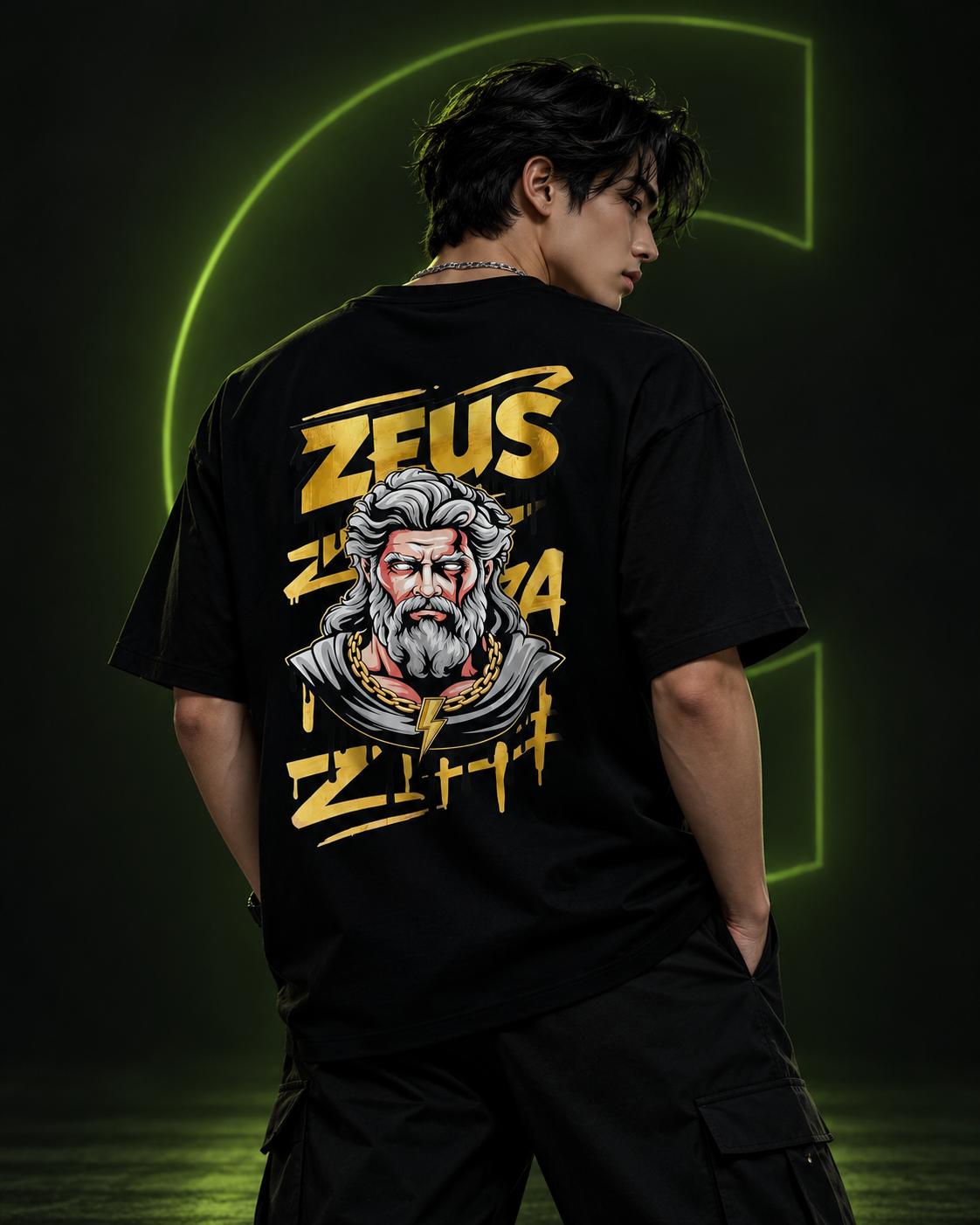 Male model wearing CARA Zeus T-shirt on a dark elegant background